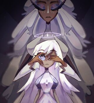 2girls angel angel_wings blue_eyes dark-skinned_female dark_skin dress emily_(hazbin_hotel) feathered_wings hazbin_hotel hellaverse highres keksasss666 long_hair multiple_girls sera_(hazbin_hotel) white_dress white_hair wings