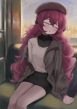 1boy 1girl :o absurdres ahiru_(ahahahahiru) black_shirt black_skirt blue_archive blush closed_eyes collarbone commentary_request fluffy_hair hair_between_eyes hat highres holding_hands interlocked_fingers iroha_(blue_archive) jacket long_hair long_sleeves open_clothes open_jacket out_of_frame pantyhose pencil_skirt red_hair shirt sitting skirt sleeping sleeping_upright solo_focus sweater thighs train_interior very_long_hair