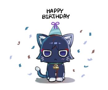animalization black_cat cat closed_mouth collar confetti expressionless eyeliner genshin_impact glint green_collar happy_birthday hashtag-only_commentary hat highres jeonghhi looking_at_viewer makeup no_humans partially_shaded_face party_hat purple_eyes purple_ribbon red_eyeliner ribbon scaramouche_(cat)_(genshin_impact) scaramouche_(genshin_impact) sitting straight-on white_background