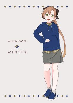 1girl akigumo_(kancolle) arm_behind_back black_bow blue_hoodie blue_shoes bow brown_hair character_name commentary english_text eyelashes full_body green_eyes grey_skirt grey_socks hair_bow hand_on_own_hip highres hood hood_down hoodie kantai_collection long_hair long_sleeves mole mole_under_eye ojipon open_mouth ponytail shoes simple_background skirt socks solo standing