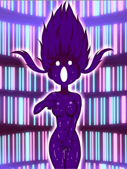 1girl absurdres blank_eyes blush breasts colored_skin digimon digimon_frontier energy female_masturbation fingering floating_hair henshin highres masturbation moaning nipple_stimulation nipples open_mouth orgasm orimoto_izumi purple_hair purple_skin pussy_juice small_breasts solo spirit_evolution sweat transformation