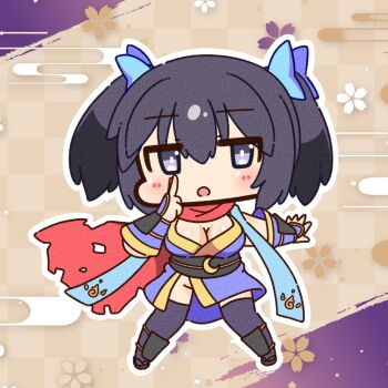 1girl :o black_hair black_sandals black_thighhighs blue_bow blue_dress blue_eyes blush bow breasts brown_background canvas_texture checkered_background chibi chibi_only cleavage commentary_request crescent dress egasumi full_body grey_eyes hair_bow kuji-in large_breasts looking_at_viewer medium_hair ninja ninja_(ragnarok_online) no_panties obi obijime open_mouth ragnarok_online red_scarf sandals sash scarf shizukushigure short_dress sleeveless sleeveless_dress solo thighhighs two_side_up vambraces