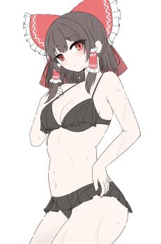 1girl absurdres alternate_costume bikini black_bikini blue_eyes blush bow breasts brown_hair cleavage closed_mouth commentary frilled_bow frilled_hair_tubes frills hair_bow hair_tubes hakurei_reimu highres kiui_(dagk8254) long_hair looking_at_viewer navel red_bow simple_background solo stomach sweat swimsuit touhou white_background