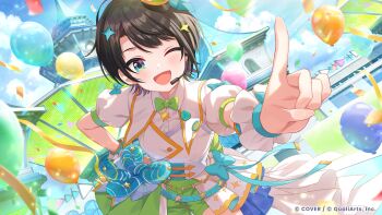 1girl ;d absurdres balloon black_hair blue_eyes blue_sky bow bowtie cloud collared_shirt commentary_request concert confetti copyright_name corset day green_bow green_bowtie green_shorts hair_ornament hand_on_own_hip hat headset highres hololive hololive_dreams index_finger_raised looking_at_viewer mini_hat official_alternate_costume official_art one_eye_closed oozora_subaru open_mouth outdoors outstretched_arm overskirt puffy_short_sleeves puffy_sleeves shirt short_hair short_shorts short_sleeves shorts skirt sky smile solo star_(symbol) star_hair_ornament swept_bangs tilted_headwear virtual_youtuber waist_bow white_shirt white_skirt wrist_cuffs