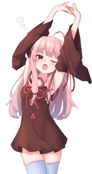 1girl absurdres aho_whale ahoge arms_up blue_thighhighs blush brown_dress brown_sleeves commentary_request detached_sleeves dress highres interlocked_fingers kotonoha_akane long_hair long_sleeves looking_at_viewer one_eye_closed open_mouth pink_hair simple_background sleeveless sleeveless_dress solo stretching thighhighs very_long_hair voiceroid white_background wide_sleeves