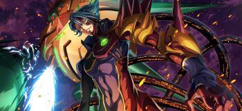 1boy artist_request blue_bodysuit blue_hair bodysuit cable cloud code_geass code_geass:_lost_stories covered_navel cyborg dutch_angle electricity embers firing game_cg glowing green_eyes hair_between_eyes happy heterochromia high_collar highres jeremiah_gottwald laser_cannon looking_at_viewer male_focus mecha mechanical_arms motion_blur non-web_source official_art orange_eyes outdoors parted_lips purple_sky ringed_eyes robot short_hair siegfried_(code_geass) single_mechanical_arm skin_tight sky smile solo spiked_hair teeth toned upper_body v-shaped_eyebrows