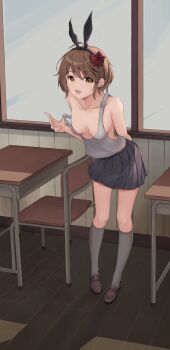 1girl absurdres ahoge animal_ear_hairband animal_ears black_hairband black_skirt bow breasts brown_eyes brown_hair buckle chair classroom collarbone commentary_request desk fake_animal_ears full_body grey_shoes grey_socks grey_tank_top hair_bow hairband hand_up highres indoors kinuhata_saiai kneehighs loafers looking_at_viewer medium_breasts miniskirt no_bra open_mouth partial_commentary pleated_skirt rabbit_ear_hairband rabbit_ears red_bow school_chair school_desk shiina_mashiro_(xxxa2348) shoes short_hair skirt socks solo standing strap_pull swept_bangs tank_top toaru_majutsu_no_index variant_set