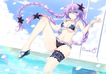 Rule 34 | 1girl, bikini, binato lulu, black bikini, blue eyes, blue sky, blush, braid, breasts, cleavage, cosplay, fate/grand order, fate (series), female focus, hair ornament, large breasts, long hair, looking at viewer, navel, neptune (series), power symbol, power symbol-shaped pupils, purple hair, purple heart (neptunia), scathach (fate), scathach (fate/grand order), scathach (swimsuit assassin) (fate), scathach (swimsuit assassin) (fate) (cosplay), sky, smile, solo, swimsuit, symbol-shaped pupils, thigh strap, twin braids, very long hair