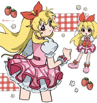 1girl :d aikatsu! aikatsu!_(series) blonde_hair bow commentary cropped_legs food fruit hair_bow hairband hashtag-only_commentary hoshimiya_ichigo idol idol_clothes long_hair looking_at_viewer looking_back moyu_y multiple_views open_mouth pink_shoes pink_skirt pink_vest puffy_short_sleeves puffy_sleeves red_eyes red_hairband shoes short_sleeves skirt smile standing strawberry vest wrist_cuffs