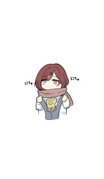 Rule 34 | 1girl, black jacket, brown hair, brown scarf, character doll, doll, formal clothes, hair ornament, hairclip, higuchi madoka, holding, holding doll, idolmaster, idolmaster shiny colors, jacket, kawamochi (kawauti919), long sleeves, necktie, p-head producer, producer (idolmaster), purple eyes, red necktie, scarf, shirt, simple background, solo, suit, translation request, upper body, white background, white shirt