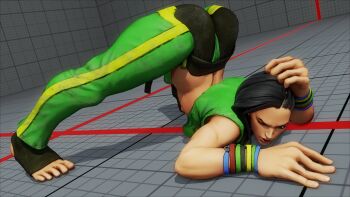 1girl 3d absurdres arm_rest artist_name ass ass_focus black_hair braid breasts flexible full_body highres huge_ass jack-o&#039;_challenge laura_matsuda looking_at_viewer meme one_eye_closed simple_background skin_tight solo spread_legs street_fighter street_fighter_v thighs toes wide_spread_legs wink