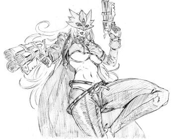 1girl ankle_gun beelstarmon belt black_gloves black_mask black_pants blonde_hair blue_mask breasts coat cropped_vest derringer digimon digimon_(creature) eye_mask gloves greyscale gun hair_between_eyes handgun holding holding_gun holding_weapon jacket kubo_tite_(style) large_breasts leather leather_jacket leather_pants long_hair long_sleeves looking_at_viewer mask monochrome multiple-barrel_gun navel open_mouth pants rakusakugk simple_background sketch solo thighs third_eye tight_clothes tight_pants underboob vest weapon white_background