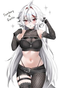 1girl animal_ears asymmetrical_legwear bare_shoulders belt belt_buckle black_belt black_choker black_gloves black_shorts black_thighhighs blush breasts buckle choker commentary cowboy_shot crop_top cross cross_choker crossed_bangs double-parted_bangs elbow_gloves english_commentary fishnet_thighhighs fishnet_top fishnets gloves goth_fashion hair_between_eyes highres indie_virtual_youtuber long_hair looking_at_viewer medium_breasts mismatched_legwear mismatched_thighhighs multicolored_hair navel navel_piercing parted_lips piercing red_eyes red_streaks sharkyyuna sharkyyuna_(vtuber) short_shorts shorts simple_background solo spiked_choker spikes stomach straight-on streaked_hair thigh_strap thighhighs virtual_youtuber white_background white_hair