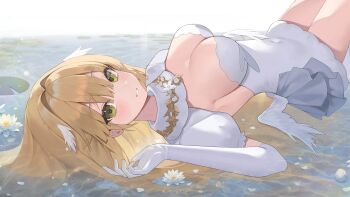 Rule 34 | 1girl, absurdres, blonde hair, blush, breasts, character request, cleavage, commentary request, covered navel, dress, elbow gloves, feathered wings, ff 01, flower, gloves, green eyes, hair intakes, head wings, highres, korean commentary, large breasts, lily pad, long hair, looking at viewer, low wings, lying, on back, solo, swept bangs, water, water lily flower, white dress, white gloves, white wings, wings