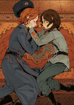 2girls belt black_boots black_gloves blue_coat blush boots bow breasts brown_hair brown_pants buttons carpet closed_eyes coat collar_tabs crying_with_eyes_closed double-breasted floor fur_hat gloves greatcoat grey_jacket hair_bun hammer_and_sickle hands_on_another&#039;s_face hat height_difference highres jacket looking_at_another lying medium_hair military_uniform mongolia mongolia_(nanimonothing) multiple_girls nanimonothing on_floor orange_hair original own_hands_together pants papakha parquet_floor personification red_bow red_star russia russia_(nanimonothing) sam_browne_belt small_breasts star_(symbol) unworn_hat unworn_headwear wooden_floor yuri