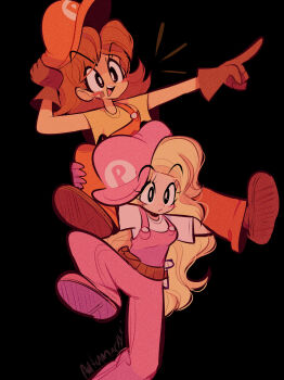 Rule 34 | 2girls, adapted costume, belt, belt bag, black background, black eyes, blonde hair, blush stickers, brown bag, brown belt, brown footwear, brown gloves, buneary23, buttons, newsboy cap, carrying, cosplay, eyelashes, foot out of frame, full body, gloves, hammer, hand on headwear, hat, highres, long hair, looking ahead, luigi, luigi (cosplay), mario, mario (cosplay), mario (series), multiple girls, nintendo, notice lines, orange headwear, orange overalls, overalls, piggyback, pink gloves, pink headwear, pointing, pointing forward, princess daisy, princess peach, shirt, shoes, short sleeves, sideways hat, simple background, single strap, t-shirt, very long hair, white shirt, white sleeves, yellow shirt, yellow sleeves