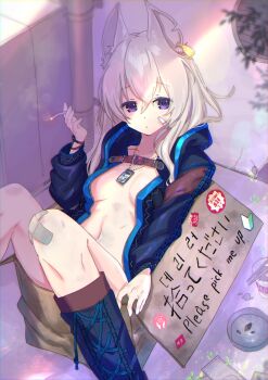 1girl animal_ear_fluff animal_ears bandaid bandaid_on_cheek bandaid_on_face between_fingers blue_boots blue_jacket boots box breasts brown_socks bruise cardboard_box chopsticks cigarette closed_mouth coat commentary_request ear_tag english_text female_focus grey_hair hair_between_eyes highres holding holding_cigarette hood hood_down hooded_jacket injury jacket kneehighs lace-up_boots long_hair looking_at_viewer medium_breasts naked_coat navel nyori on_box open_clothes open_jacket original purple_eyes smoke socks solo translation_request