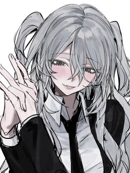 1girl absurdres black_necktie breasts grey_eyes grey_hair highres long_sleeves looking_at_viewer necktie simple_background smile solo white_background