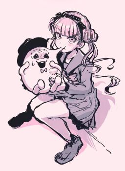 1girl :t artist_name bow bowtie cheppo commentary double_bun eating english_commentary food hair_bun hairband hat highres long_hair mochi mochi_trail monochrome pink_theme sailor_collar school_uniform serafuku sirei_(hundred_line) sitting skirt sweatdrop the_hundred_line_-last_defense_academy- tsukumo_kako twintails