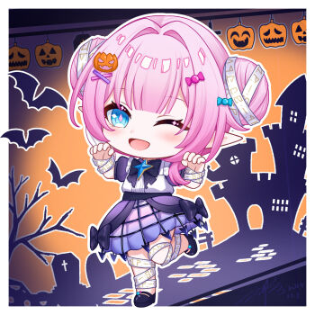 1girl ;o bandaged_head bandaged_leg bandages bat_(animal) black_shoes blue_eyes blue_skirt border castle commentary_request cyrene_(aedes_elysiae)_(honkai:_star_rail) cyrene_(honkai:_star_rail) double_bun food-themed_hair_ornament hair_bun hair_ornament halloween halloween_costume highres honkai:_star_rail honkai_(series) one_eye_closed pink_hair pumpkin pumpkin_hair_ornament qi_xuan shirt shoes short_hair skirt solo white_border white_shirt