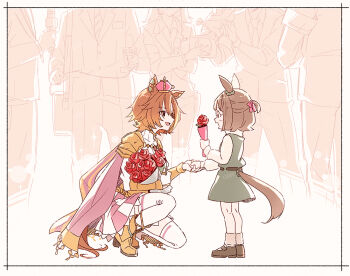 Rule 34 | 2girls, animal ears, armor, boots, bouquet, brown hair, cape, collared shirt, commentary request, crown, domdam80, dress, flower, formal clothes, gloves, gold boots, gold corset, green dress, hair between eyes, handshake, holding, holding bouquet, holding microphone, horse ears, horse girl, horse tail, jacket, jewelry, long sleeves, looking at viewer, microphone, mini crown, multiple girls, multiple others, multiple rings, necktie, open mouth, orange hair, orange tail, pants, pink cape, pink crown, purple eyes, reporter, ring, shirt, shoes, short hair, shoulder armor, skirt, smile, suit, t.m. opera o (o sole suo!) (umamusume), t.m. opera o (umamusume), tail, thighhighs, two-tone skirt, umamusume, white shirt, white thighhighs