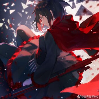 artist_name black_dress black_hair cape crescent_rose dress frilled_skirt frills gradient_hair grey_eyes highres knees_up light_smile looking_back multicolored_hair original_kscn petals red_cape red_hair ruby_rose rwby scythe shattered short_hair skirt two-tone_background