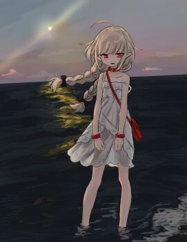 1girl absurdres ahoge alternate_hairstyle bag bare_shoulders belt_collar black_ribbon blunt_bangs blush bracelet braid choker cloud collar collarbone colored_tips dress fangs flat_chest grey_hair hair_ribbon handbag highres horizon jewelry lace_trim long_hair low_twin_braids lr_ilil makaino_ririmu makaino_ririmu_(3rd_costume) multicolored_hair nijisanji ocean parted_lips pointy_ears red_bag red_collar red_eyes red_hair ribbon see-through_clothes see-through_skirt shoulder_bag sidelocks skirt sky sleeveless sleeveless_dress solo strap_slip streaked_hair sundress twin_braids virtual_youtuber wading white_dress wind