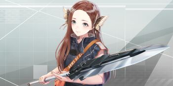 Rule 34 | 1girl, belt, black belt, black jacket, blue reflection (series), blue reflection sun, brown hair, butterfly hair ornament, closed mouth, clothes writing, english text, game cg, green eyes, grey background, grid background, hair ornament, highres, holding, holding polearm, holding weapon, ikoma ayami, jacket, kishida mel, long hair, looking at viewer, multiple belts, non-web source, official art, orange bag, polearm, short-sleeved jacket, short sleeves, smile, solo, spear, straight hair, weapon, zipper