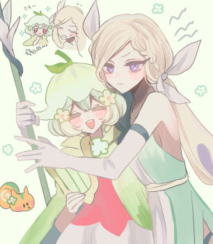 2girls :d \||/ ^_^ aegyo_sal animal bad_id bad_pixiv_id bare_shoulders blonde_hair blue_lily_cookie blush bow braid breasts capelet clenched_teeth closed_eyes closed_mouth cookie_run cookie_run:_ovenbreak double-parted_bangs dress elbow_gloves facing_viewer frown gloves grassquirrel green_background green_dress green_hat grey_hair hair_between_eyes hair_bow hamchan69 hat holding holding_instrument holding_lyre holding_staff hug_from_side humanization instrument lilybell_cookie long_hair looking_at_another looking_at_viewer lyre multiple_girls open_mouth pale_skin purple_eyes red_dress red_eyes short_hair sideboob simple_background single_braid sleeveless sleeveless_dress smile staff sweatdrop teeth translation_request tsurime u_u upper_body upper_teeth_only v-shaped_eyebrows very_long_hair white_bow white_gloves yellow_capelet