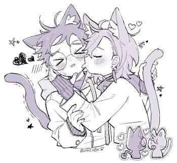 >_< animal_ear_fluff animal_ears ayase_momo blush cat cat_boy cat_ears cat_girl cat_tail comimingming couple cropped_torso crossed_bangs dandadan earrings glasses hair_between_eyes hand_on_another's_cheek hand_on_another's_face hetero holding_another's_tail jacket jewelry kemonomimi_mode licking licking_another's_cheek licking_another's_face medium_hair paw_print round_eyewear short_hair sweatdrop tail takakura_ken_(dandadan) trembling twitter_username white_background white_jacket