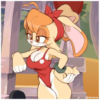 1girl animal_ears animal_nose beach breasts brown_eyes chair cleavage cosplay eyelashes floppy_ears furry furry_female hair_between_eyes hair_tied_back hand_on_own_hip highres large_breasts leaning_on_object lifeguard lifeguard_(lilo_&amp;_stitch) lifeguard_(lilo_&amp;_stitch)_(cosplay) lifeguard_chair lifeguard_tower lilo_&amp;_stitch mature_female milkchaotea narrowed_eyes one-piece_swimsuit palm_tree rabbit rabbit_ears rabbit_girl animal_nose rabbit_tail sega sonic_(series) swimsuit tight_clothes tree two-tone_fur vanilla_the_rabbit very_long_ears watch wide_hips