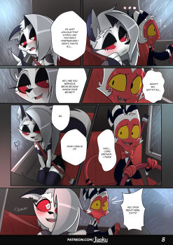 ... 1boy 1girl absurdres black_gloves black_shirt black_shorts black_suit black_thighhighs blush bow car choker detached_sleeves drawing-on-window driving excited eyeshadow formal_clothes furry gloves grey_fur hellaverse helluva_boss highres horns jizoku loona_(helluva_boss) makeup motor_vehicle moxxie_(helluva_boss) multicolored_horns nervous nervous_sweating pointed rain red_bow sad seatbelt shiny_skin shirt shorts steering_wheel suit sweat tail teeth thighhighs white_fur white_hair yellow_eyes