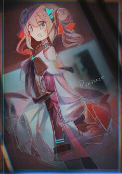 1girl :d alternate_hairstyle artist_name belt black_belt black_bow black_bowtie black_gloves black_pantyhose blue_eyes blush_stickers bow bowtie brown_hair buckle chromatic_aberration cowboy_shot curly_hair double-parted_bangs double_bun dress dress_bow dutch_angle e_douraze film_grain fingerless_gloves frilled_dress frills gloves hair_between_eyes hair_bun hair_ornament hair_ribbon heart heart_hair_ornament highres inset_border long_hair long_sleeves looking_at_viewer neuro-sama off-shoulder_dress off_shoulder official_alternate_costume open_mouth pantyhose red_bow red_ribbon ribbon single_blush_sticker smile snap-fit_buckle solo twintails vedal_ai white_dress zipper_dress