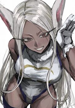 1girl animal_ears bare_shoulders blush boku_no_hero_academia breasts commentary_request crescent_print dark-skinned_female dark_skin fur_collar gloves grin hand_up highleg highleg_leotard large_breasts leaning_forward leotard long_eyelashes long_hair looking_at_viewer mauchi_(lilllox) mirko parted_bangs purple_thighhighs rabbit_ears rabbit_girl rabbit_pose red_eyes simple_background smile solo taut_leotard thighhighs thighs toned toned_female very_long_hair white_background white_gloves white_hair white_leotard