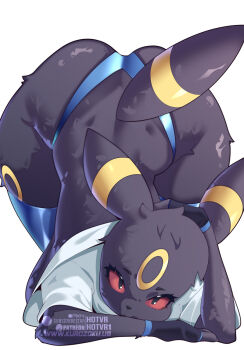 1girl all_fours animal_ears black_eyes black_fur body_fur breasts colored_sclera commentary english_commentary furry furry_female gen_2_pokemon hot_vr large_breasts looking_at_viewer nintendo patreon_username pokemon pokemon_(creature) red_sclera shirt simple_background solo subscribestar_username tail umbreon white_background white_shirt