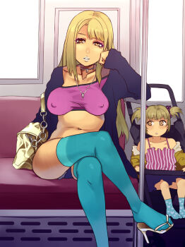 2girls age_difference bag blonde_hair blue_thighhighs breasts covered_erect_nipples crossed_legs cutoffs feet flat_chest ganguro gyaru hair_ribbon handbag high_heels jewelry large_breasts lipstick long_hair looking_at_viewer makeup mature_female mizuryu_kei mother_and_daughter multiple_girls necklace nipples no_bra open_mouth open_shoes original prostitution ribbon shoe_dangle shoes short_hair sitting size_difference stroller subway thighhighs train train_interior twintails yellow_eyes