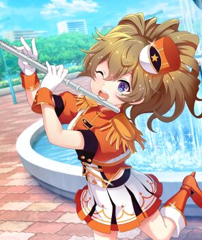 1girl ;d blue_eyes blue_sky boots brick_road brown_hair building cityscape cloud cowboy_shot day dot_nose double-parted_bangs dutch_angle epaulettes flute fountain game_cg gloves hat high_heels holding holding_flute holding_instrument instrument kagami_mimi_(toji_no_miko) lamppost looking_at_viewer marking_on_cheek medium_hair midriff_peek mini_hat mini_shako_cap navel official_art one_eye_closed open_mouth orange_boots orange_shirt outdoors print_hat puffy_short_sleeves puffy_sleeves shako_cap shirt short_sleeves sidelocks skirt sky smile solo split_ponytail standing standing_on_one_leg star_(symbol) star_print third-party_source tilted_headwear toji_no_miko toji_no_miko:_kizamishi_issen_no_tomoshibi white_gloves white_skirt