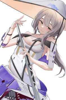 absurdres armor bare_shoulders breasts cleavage closed_mouth clothing_cutout collarbone goddess_of_victory:_nikke grey_hair hat highres holding holding_weapon japanese_armor jingasa kote large_hat leotard light_blush long_hair looking_down medium_breasts moruhinesan scarlet_(nikke) sheath shoulder_armor smile sode sword weapon white_leotard yellow_eyes