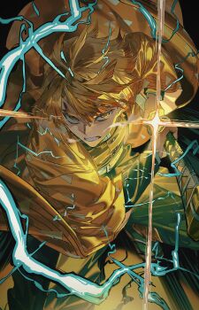 1boy absurdres agatsuma_zenitsu bikkusama blonde_hair breathing demon_slayer_uniform floating_hair haori highres holding holding_sheath holding_sword holding_weapon incoming_attack japanese_clothes katana kimetsu_no_yaiba kishimen_hair lightning long_sleeves looking_at_viewer male_focus pants sheath short_hair sword teeth thick_eyebrows unsheathing weapon yellow_eyes yellow_haori