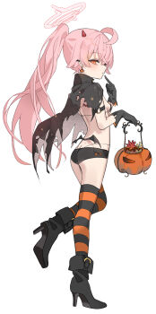 1girl absurdres ahoge alternate_costume armlet ass bags_under_eyes bat_wings black_boots black_bra black_cape black_gloves black_panties black_thighhighs black_wings blue_archive boots bra breasts butt_crack cape commentary cosplay crossed_bangs demon_horns earrings english_commentary fake_horns fake_wings finger_to_mouth food_themed_earrings gloves hair_between_eyes half-closed_eyes halloween_bucket halloween_costume halo hand_up hands_up high_heel_boots high_heels high_ponytail highres horns hoshino_(blue_archive) huge_ahoge index_finger_raised jewelry loli long_hair looking_at_viewer looking_to_the_side low_wings micro_shorts narrowed_eyes nyangpan orange_eyes orange_thighhighs panties parted_lips pink_hair pink_halo ponytail profile pumpkin_earrings red_horns shorts sideboob simple_background small_breasts solo standing standing_on_one_leg string_bra striped_clothes striped_thighhighs thighhighs thighs torn_cape torn_clothes two-tone_thighhighs underwear very_long_hair white_background wing_earrings wings zettai_ryouiki