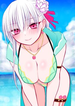 Rule 34 | 1girl, absurdres, armlet, bare shoulders, beach, bikini, blue sky, blush, braid, braided ponytail, breasts, cleavage, commentary request, earrings, fate/grand order, fate (series), flower, green bikini, green vest, hair flower, hair ornament, hair ribbon, highres, hood, hooded vest, hoodie, jewelry, kama (fate), kama (second ascension) (fate), kama (swimsuit avenger) (second ascension) (fate), kama (teenager) (fate), large breasts, leaning forward, long hair, looking at viewer, lotus, mcpc zamurai, necklace, ocean, pendant, red eyes, ribbon, sky, smile, solo, swimsuit, thighs, vest, white hair