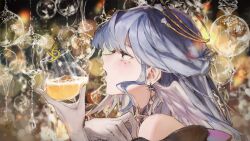 Rule 34 | 1girl, bare shoulders, blue hair, commentary, cup, earrings, english commentary, gloves, green eyes, halo, head wings, holding, holding cup, honkai: star rail, honkai (series), jewel under eye, jewelry, light blush, looking at object, open mouth, portrait, profile, robin (honkai: star rail), rsef, sidelocks, solo, star (symbol), star earrings, white gloves, wings