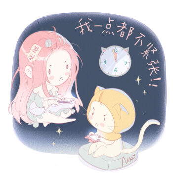 1girl :&lt; analog_clock animal arrow_hair_ornament artist_request bangs_pinned_back bare_legs barefoot black_eyes blue_background blush_stickers border cat cellphone chibi chinese_commentary chinese_text clock closed_mouth clothed_animal collared_dress commentary_request crossed_legs detached_hood dress ear_covers frilled_dress frilled_sleeves frills frown green_nightgown hair_rollers holding holding_phone hood hood_up long_hair long_sleeves messy_hair momo_(nikki) nightgown nikki_(nikki) nikki_(series) official_art on_pillow outside_border phone pillow pink_hair playing_games second-party_source shining_nikki sitting sitting_on_pillow smartphone solid_oval_eyes sparkle translation_request v-shaped_eyebrows very_long_hair whiskers white_border white_cat white_wrist_cuffs wrist_cuffs yellow_hood