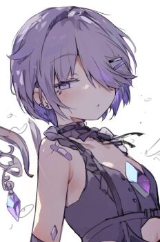 1girl bandaid bandaid_on_shoulder black_ribbon black_shirt breasts chest_jewel colored_inner_hair commentary cracked_skin gem grey_hair hair_over_one_eye hashtag-only_commentary highres hololive hololive_english jewel_under_eye koseki_bijou koseki_bijou_(casual) metal_wings multicolored_hair official_alternate_costume official_alternate_hairstyle orobou purple_eyes purple_gemstone purple_hair ribbon shirt short_hair small_breasts solo virtual_youtuber