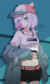 Rule 34 | 1girl, animal hat, ars almal, baseball cap, belt, belt buckle, black shirt, black shorts, blowing bubble gum, blue eyes, breasts, buckle, cat, cat hat, chain-link fence, chewing gum, collarbone, cowboy shot, crop top, cropped shirt, fence, graffiti, hat, highres, jacket, low twintails, medium breasts, midriff, navel, nijisanji, open clothes, open jacket, outdoors, pants, pink belt, shirt, short hair, short shorts, short sleeves, shorts, solo, streetwear, tatami kami, thighs, torn clothes, torn shirt, twintails, virtual youtuber, white hair, white shirt