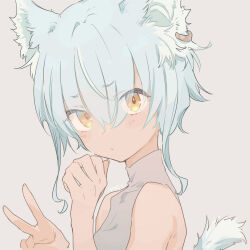 Rule 34 | 1girl, :/, animal ears, blue hair, brown background, cat ears, cat girl, cat tail, closed mouth, commentary request, dark-skinned female, dark skin, ear piercing, hands up, highres, kinutani yutaka, looking at viewer, original, piercing, short hair, sidelocks, simple background, solo, tail, turtleneck, upper body, v, yellow eyes