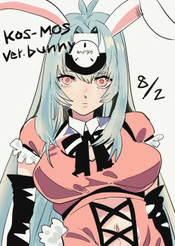 1girl alternate_costume animal_ears blue_hair breasts character_name closed_mouth commentary dated english_commentary fake_animal_ears forehead_protector highres kos-mos large_breasts long_hair looking_at_viewer mon_7291 navel pink_eyes rabbit_ears simple_background solo very_long_hair white_background xenosaga xenosaga_episode_i