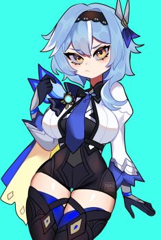 Rule 34 | 1girl, aqua background, artist name, belt, black belt, black boots, black gloves, black hairband, black shorts, blue bow, blue cape, blue hair, blue necktie, blue ribbon, boots, bow, breasts, cape, clenched hand, closed mouth, commentary, cowboy shot, english commentary, eula (genshin impact), eyeshadow, genshin impact, gloves, hair between eyes, hair ribbon, hairband, hand up, high-waist shorts, highres, jacket, juliet sleeves, large breasts, long sleeves, looking at viewer, makeup, mandarin collar, mizah (mizah), multicolored hair, necktie, open clothes, open jacket, orange eyeshadow, puffy sleeves, ribbon, shirt, short hair, short shorts, shorts, simple background, single sidelock, solo, standing, streaked hair, thick thighs, thigh boots, thighs, two-sided cape, two-sided fabric, v-shaped eyebrows, white hair, white jacket, white shirt, wide sleeves, yellow cape, yellow eyes