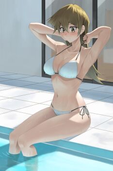 1girl armpits bare_legs bare_shoulders bikini blonde_hair blush breasts brown_eyes brown_hair checkered_floor cleavage closed_mouth collarbone commentary_request feet_out_of_frame hair_between_eyes halterneck hands_up large_breasts long_hair navel outdoors partially_submerged pool poolside rourou_ill side-tie_bikini_bottom soaking_feet solo stomach string_bikini swimsuit tenjouin_asuka thighs tying_bikini water white_bikini yu-gi-oh! yu-gi-oh!_gx