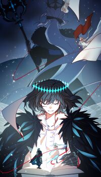 1boy 2girls absurdres aesc_(fate) aesc_(savior)_(fate) artist_request black_dress black_hair black_tiara blue_eyes closed_eyes commission dress dual_persona fate/grand_order fate_(series) fur_trim hair_between_eyes highres holding holding_polearm holding_weapon long_hair morgan_le_fay_(fate) multiple_girls oberon_(fate) oberon_(third_ascension)_(fate) polearm ponytail red_ribbon ribbon second-party_source short_hair tiara weapon white_hair